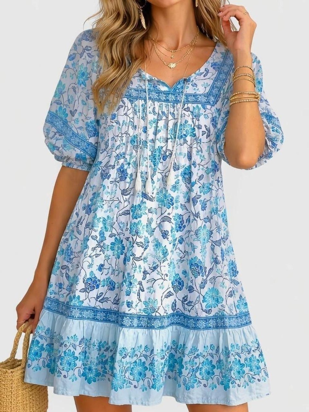 Old Navy Cream Mini Dress with Teal and Blue Floral Print